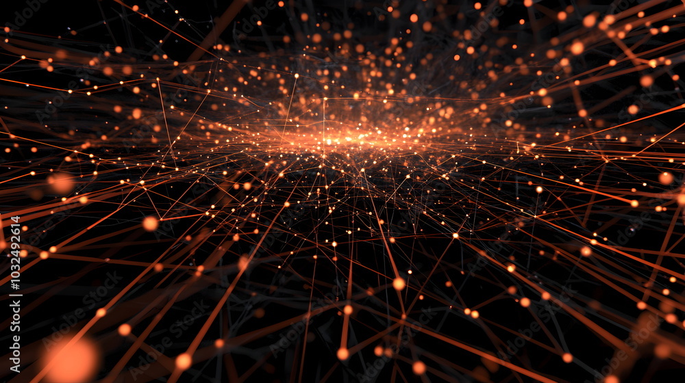 Poster A vector illustration of a fast-paced technology concept, flat colors with a gradient from black to neon orange. Dots and lines create a dynamic, perspective-based web, with the vanishing point