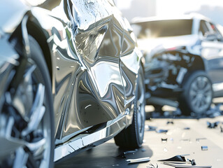 close up view of damaged silver car with crumpled panels, showcasing aftermath of collision. scene captures emotional impact of accident, with debris scattered around