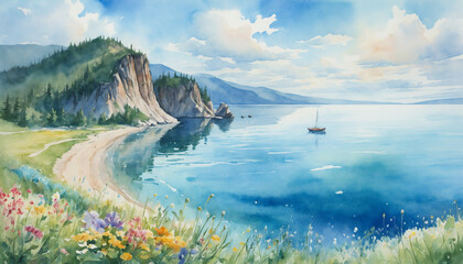 A serene coastal watercolor view unfolds with gentle hills, a sandy beach adorned with colorful flowers, and a lone boat gliding through the crystal-clear water under a pastel sky