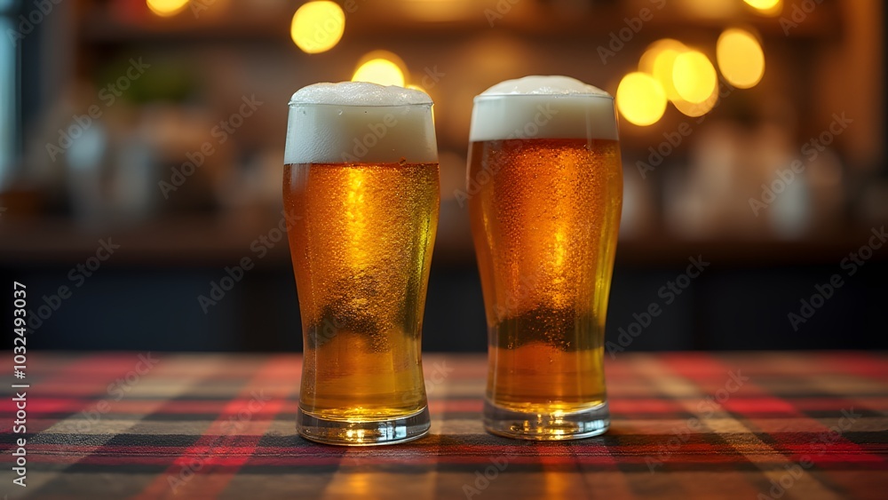 Poster Beer glasses on a plaid table create a unique atmosphere using generative AI technology.
