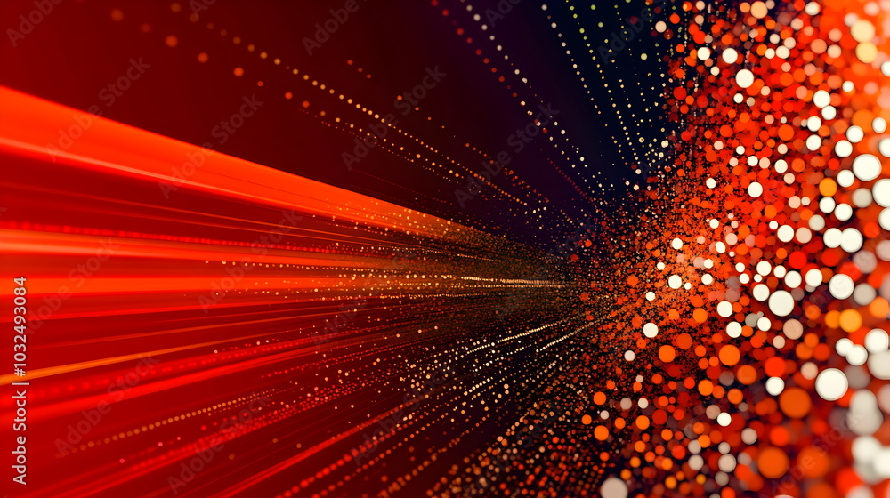 Poster A vector illustration of a fast-paced technology concept, flat colors with a gradient from black to neon red. Dots and lines create a dynamic, perspective-based web, with the vanishing point