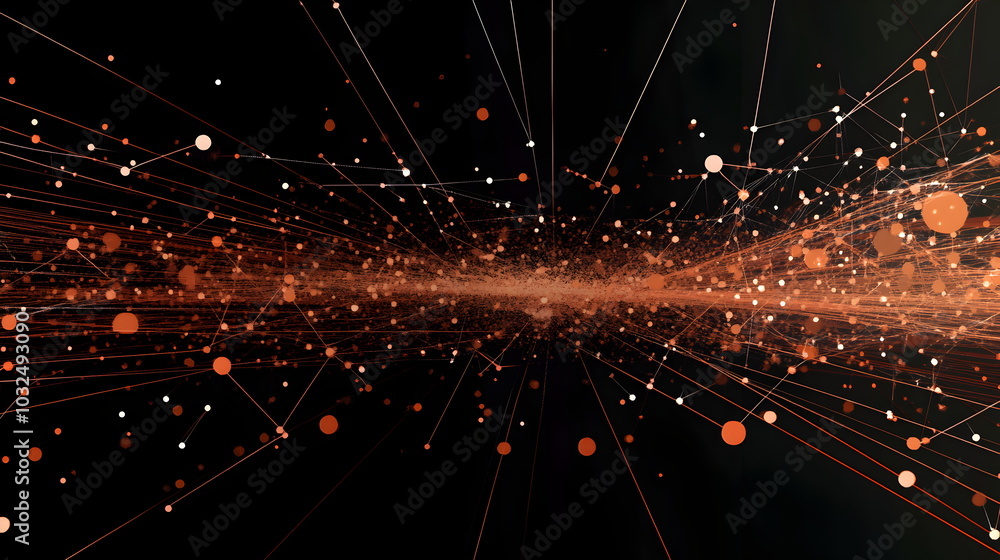 Poster A vector illustration of a fast-paced technology concept, flat colors with a gradient from black to neon orange. Dots and lines create a dynamic, perspective-based web, with the vanishing point