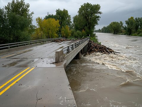 A bridge collapsing under the weight of fast-moving floodwaters, debris piling up as the river rises, bridge collapse flood, flood destruction