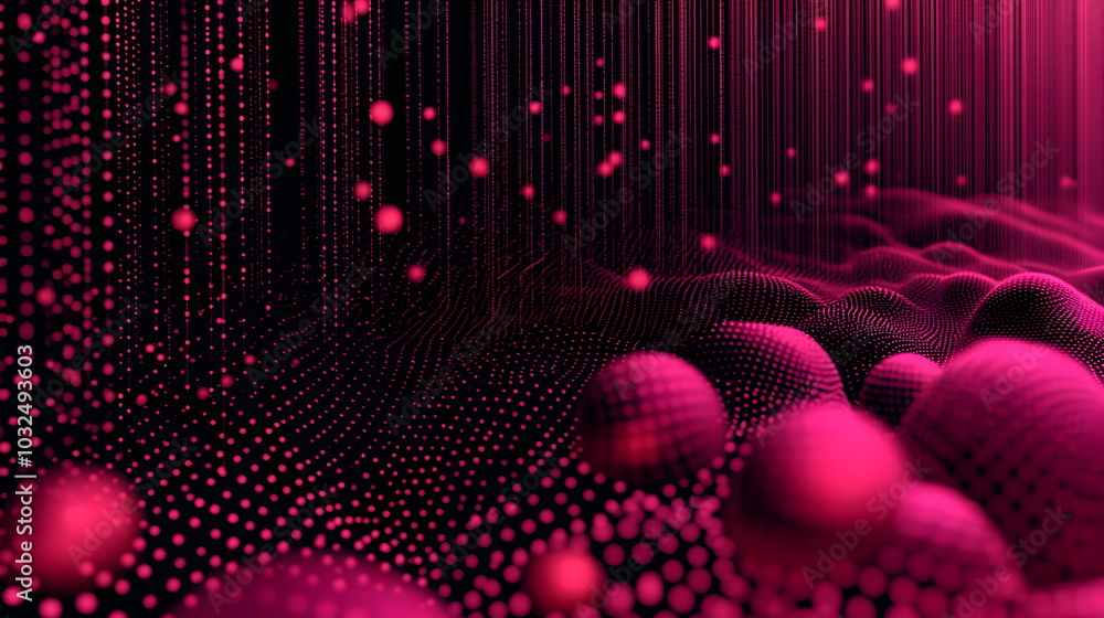 Poster A vector illustration of a fast-paced technology concept, flat colors with a gradient from black to neon red. Dots and lines create a dynamic, perspective-based web, with the vanishing point