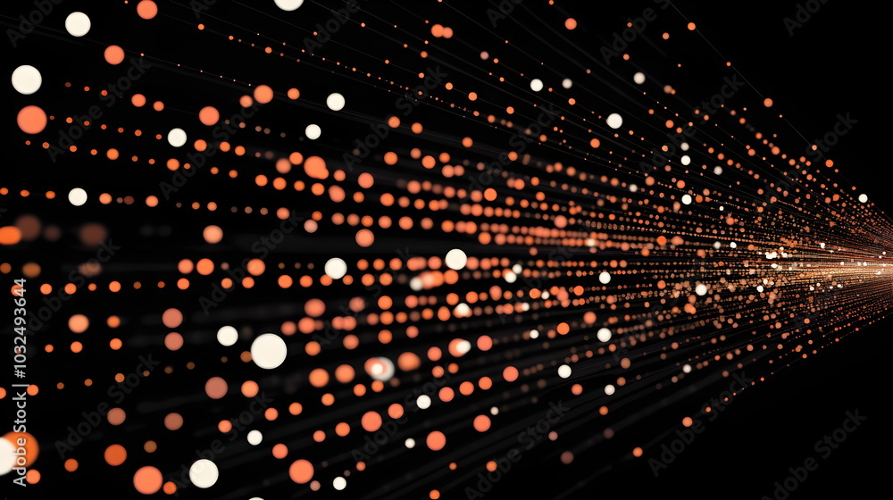 Poster A vector illustration of a fast-paced technology concept, flat colors with a gradient from black to neon orange. Dots and lines create a dynamic, perspective-based web, with the vanishing point