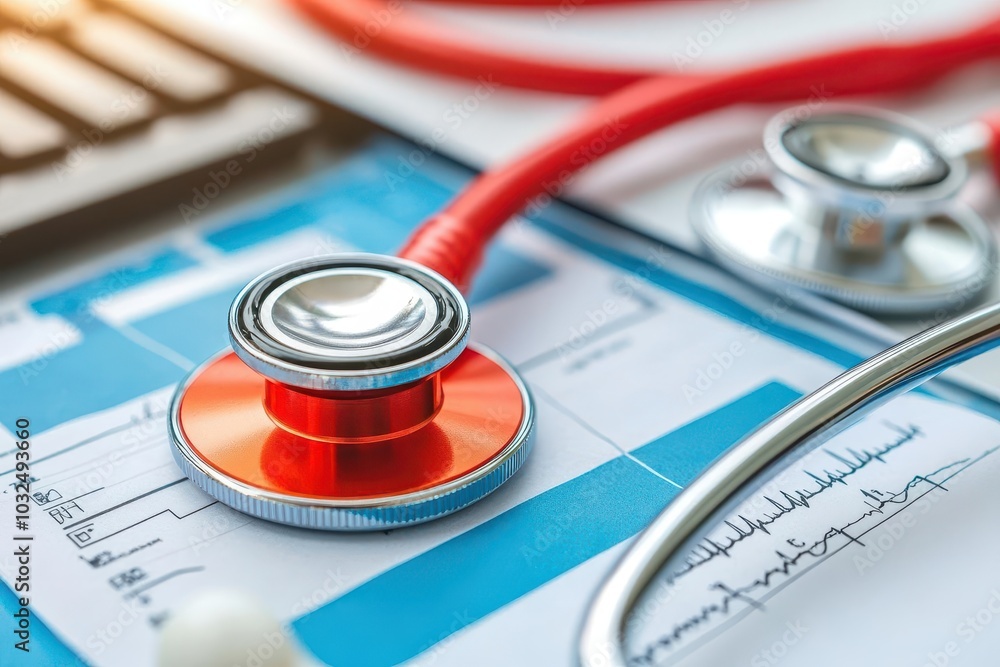 Poster a close-up of a stethoscope on health charts and a computer keyboard, symbolizing medical diagnostic