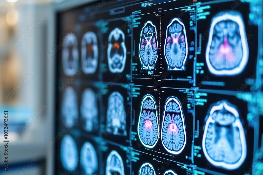 Poster a close-up of brain mri scans displayed on a computer screen, showcasing complex images for medical 