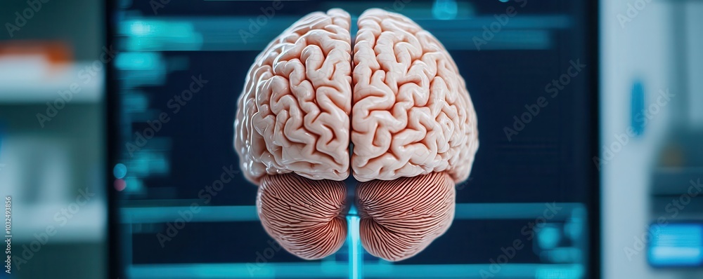 Poster a realistic model of a human brain displayed against a high-tech background, emphasizing neuroscienc