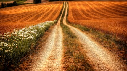 A long dirt road with white wildflowers on either side cuts through a field of golden wheat at sunset.