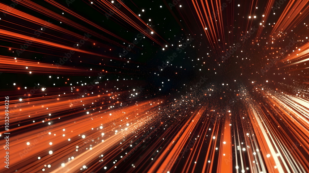 Poster A vector illustration of a fast-paced technology concept, flat colors with a gradient from black to neon orange. Dots and lines create a dynamic, perspective-based web, with the vanishing point