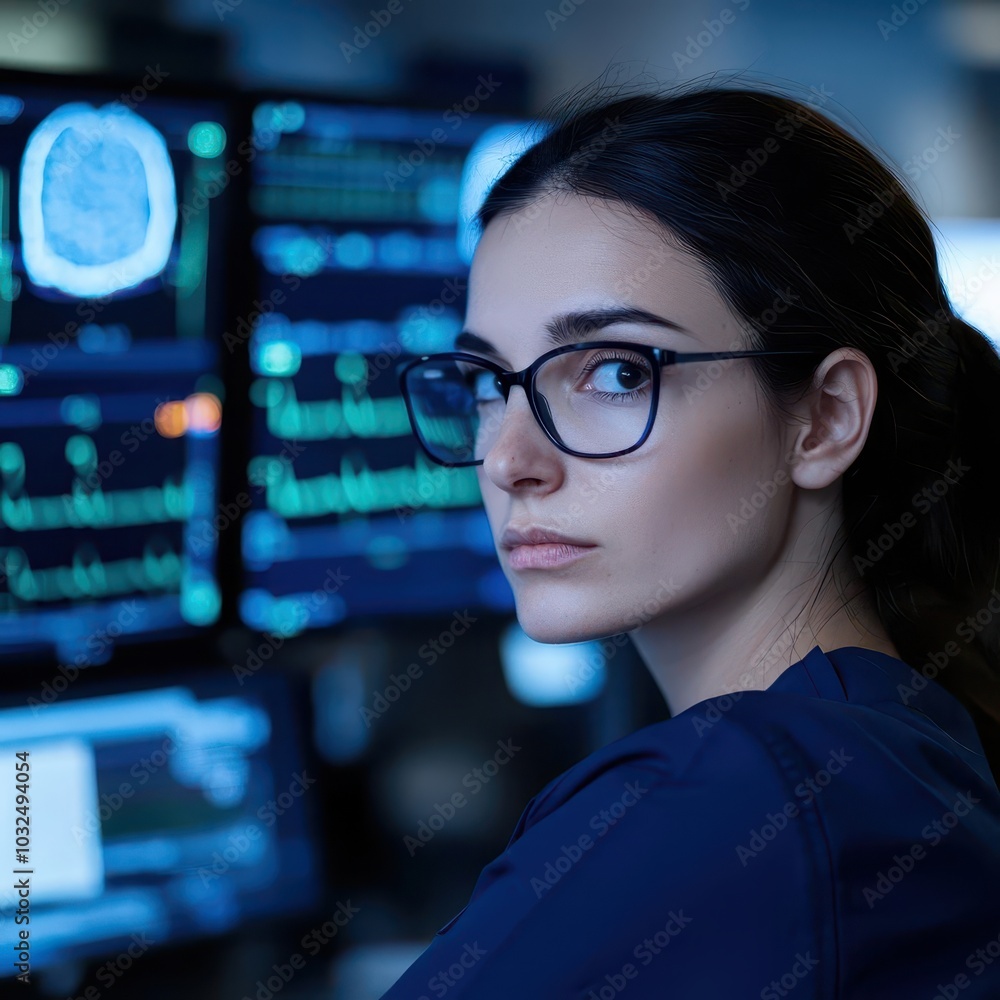 Poster a focused professional analyzes data on multiple screens in a dimly lit environment, showcasing mode