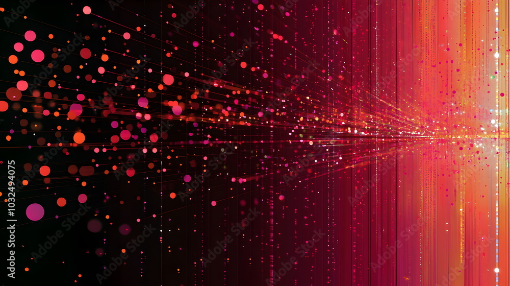 Poster A vector illustration of a fast-paced technology concept, flat colors with a gradient from black to neon red. Dots and lines create a dynamic, perspective-based web, with the vanishing point
