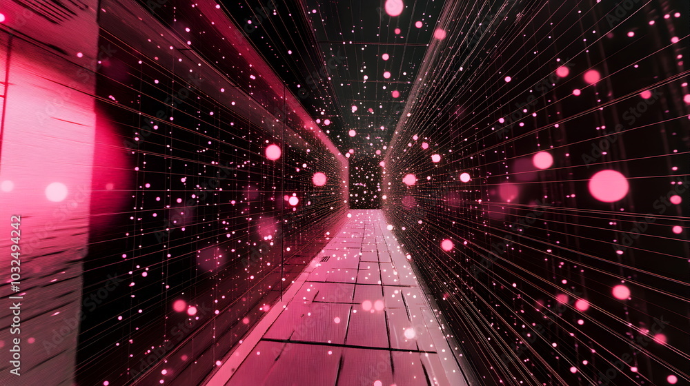 Poster A vector illustration of a fast-paced technology concept, flat colors with a gradient from black to neon red. Dots and lines create a dynamic, perspective-based web, with the vanishing point