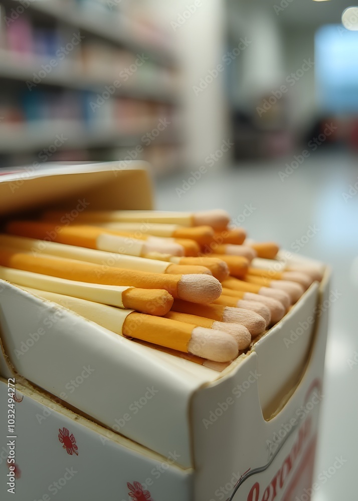 Poster Cigarettes with matches against a light background are typically displayed in a decorative box or on a shelf in a store or office.