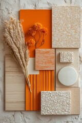 Stylish flat lay composition in orange and beige color palette with textile and paint samples, lamella panels and tiles. Architect and interior designer moodboard. Top view. Copy, Generative AI