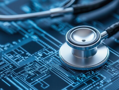 A stethoscope rests on a blue circuit board, symbolizing the intersection of healthcare and technology.