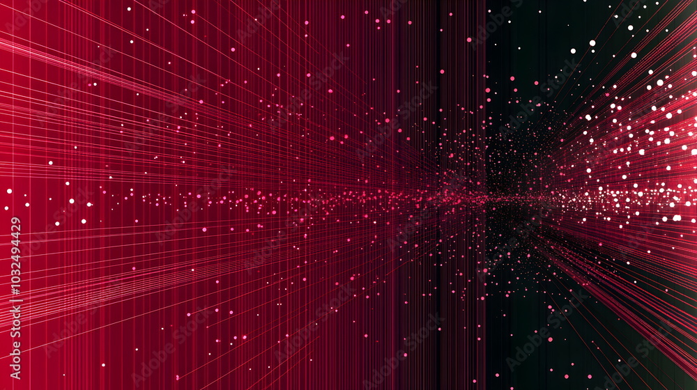 Poster A vector illustration of a fast-paced technology concept, flat colors with a gradient from black to neon red. Dots and lines create a dynamic, perspective-based web, with the vanishing point
