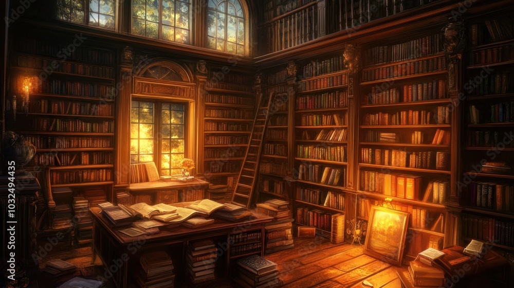 Poster cozy library with rows of books in various colors and warm lighting, perfect for evoking a love of r