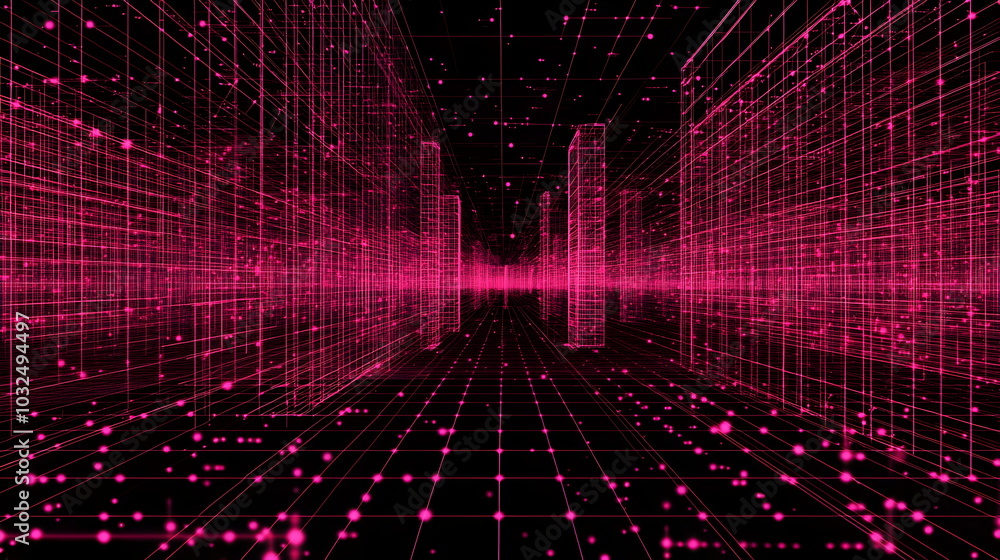 Poster A vector illustration of a fast-paced technology concept, flat colors with a gradient from black to neon red. Dots and lines create a dynamic, perspective-based web, with the vanishing point