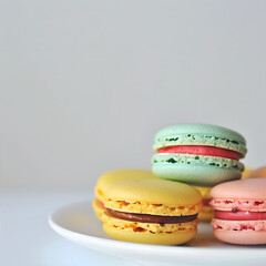 Fototapeta premium Colorful macarons on plain white plate create delightful and inviting display. These sweet treats, with their vibrant hues, are perfect for any dessert lover