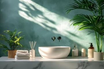 Stylish and creative minimalistic small bathroom interior design with marble walls with green panels, plants and beautiful bathroom accessories. Minimalistic home, Generative AI