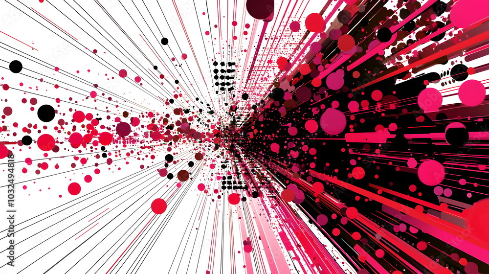Poster A vector illustration of a fast-paced technology concept, flat colors with a gradient from black to neon red. Dots and lines create a dynamic, perspective-based web, with the vanishing point