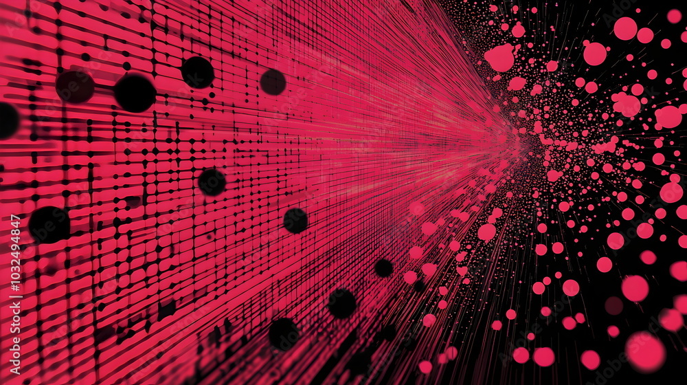 Poster A vector illustration of a fast-paced technology concept, flat colors with a gradient from black to neon red. Dots and lines create a dynamic, perspective-based web, with the vanishing point