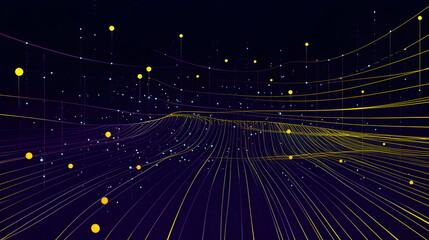 A vector illustration of a fast-paced technology concept, flat colors with a gradient from black to neon purple. Dots and lines create a dynamic, perspective-based web, with the vanishing point