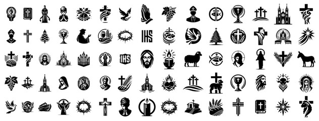 artistic collection of sacred christian icons in black vector style
