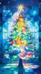 Fototapeta premium 美しいステンドグラス風クリスマスツリー1