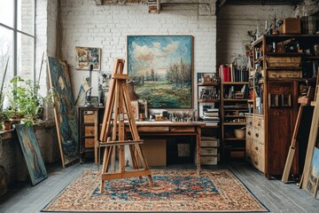 Unique artist workspace interior with stylish desk, wooden easel, bookcase, artworks, painting accessories, decoration and elegant personal stuff. Modern work room for artist, Generative AI