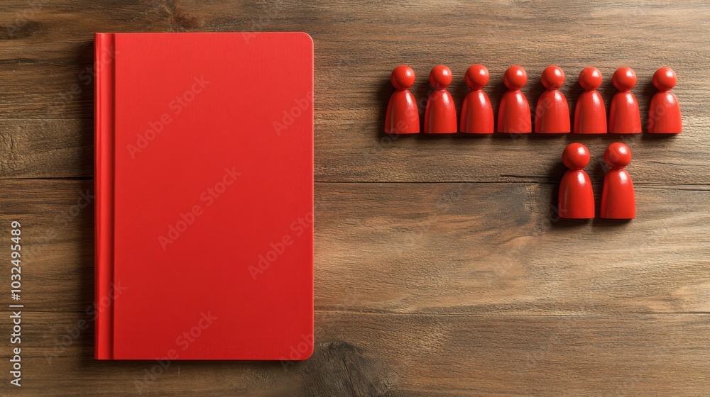 Poster flat lay of red figures and a red folder on a wooden surface, ideal for illustrating concepts of tea