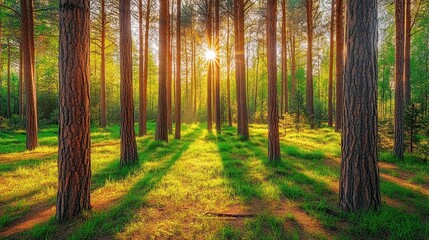 Obraz premium A serene forest scene with sunlight filtering through tall trees, creating a tranquil atmosphere.