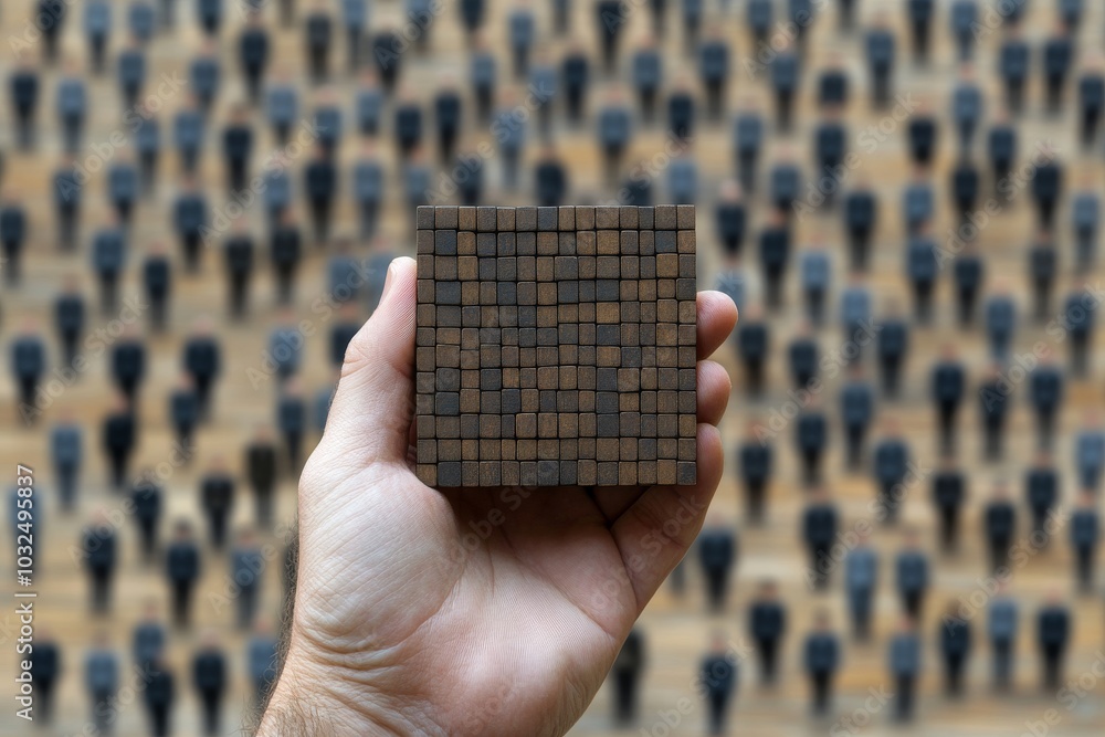 Poster hand holding a square block with miniature human figures engraved symbolizing structure order and th
