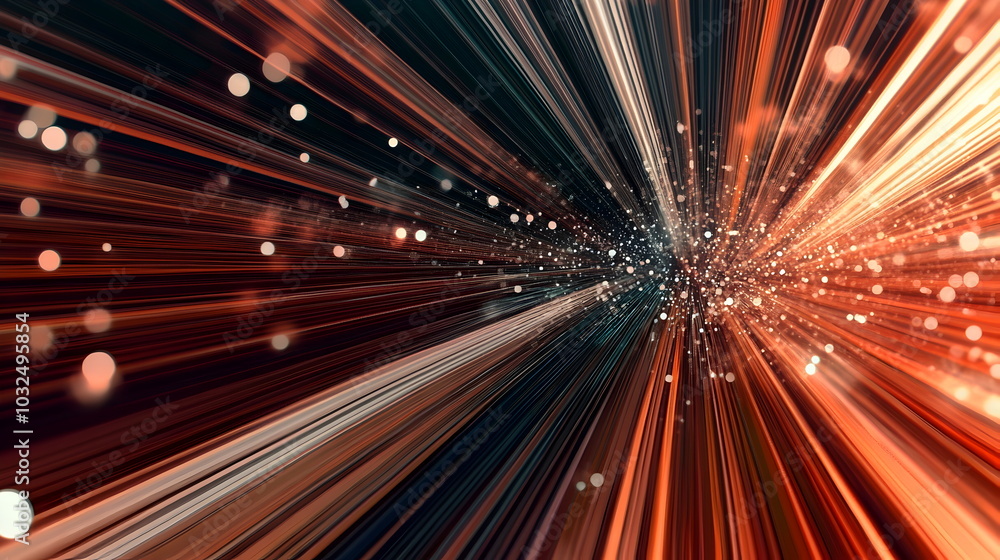Poster A vector illustration of a fast-paced technology concept, flat colors with a gradient from black to neon orange. Dots and lines create a dynamic, perspective-based web, with the vanishing point