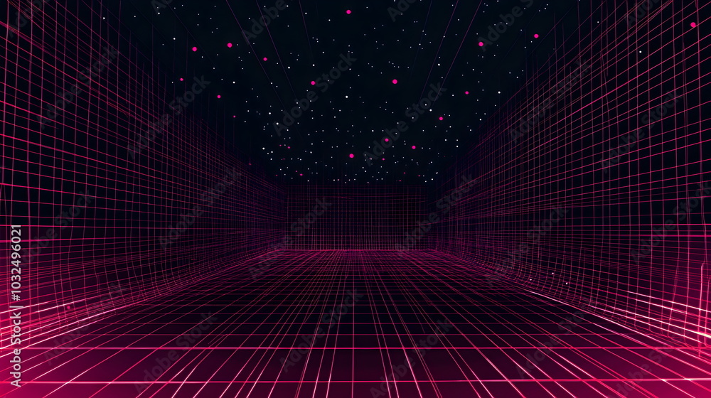 Poster A vector illustration of a fast-paced technology concept, flat colors with a gradient from black to neon red. Dots and lines create a dynamic, perspective-based web, with the vanishing point