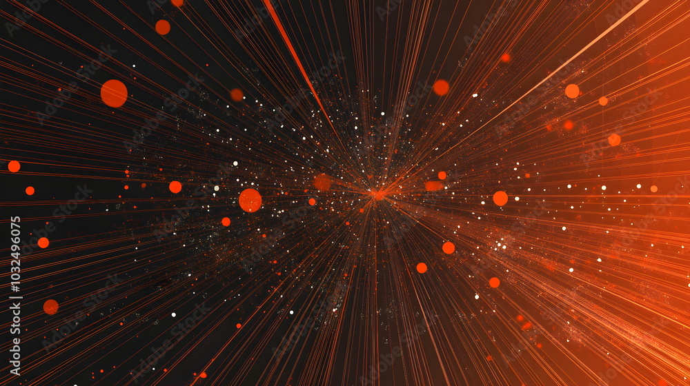 Poster A vector illustration of a fast-paced technology concept, flat colors with a gradient from black to neon orange. Dots and lines create a dynamic, perspective-based web, with the vanishing point