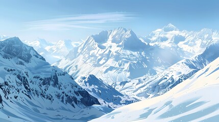 Panoramic view down snow covered valley in alpine mountain range