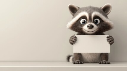 Naklejka premium Fun raccoon character holding a blank sign, perfect for inserting promotional messages or announcements in a cheerful, animated setting.
