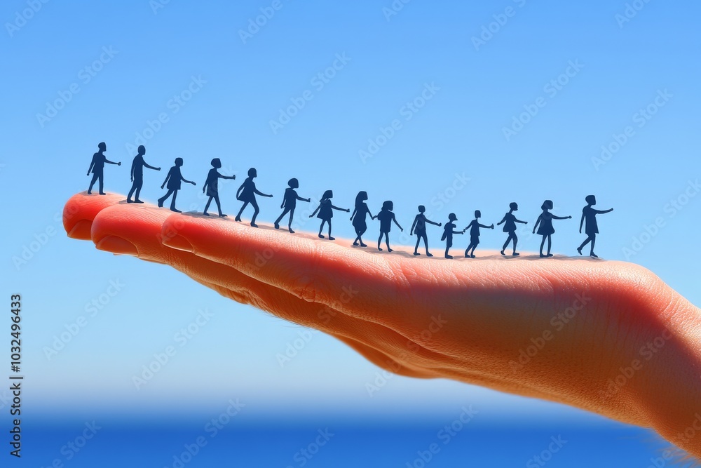 Poster hand holding a line of small human figures walking in a row symbolizing progress teamwork and the fo