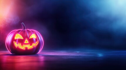 A glowing, carved pumpkin sits on a misty background, illuminated by colorful lights, evoking a spooky Halloween atmosphere.