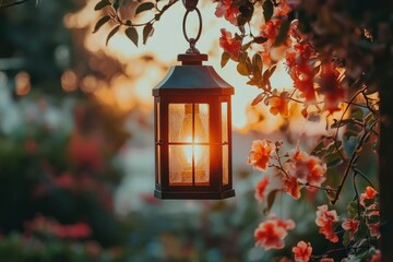 A Black Lantern Hanging Amongst Pink Flowers and Green Foliage