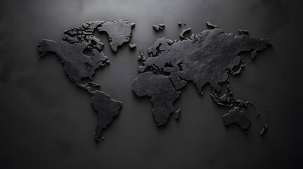World Map Illustration on Black Background, minimalistic design showcasing global geography with clear outlines and labels, ideal for educational use