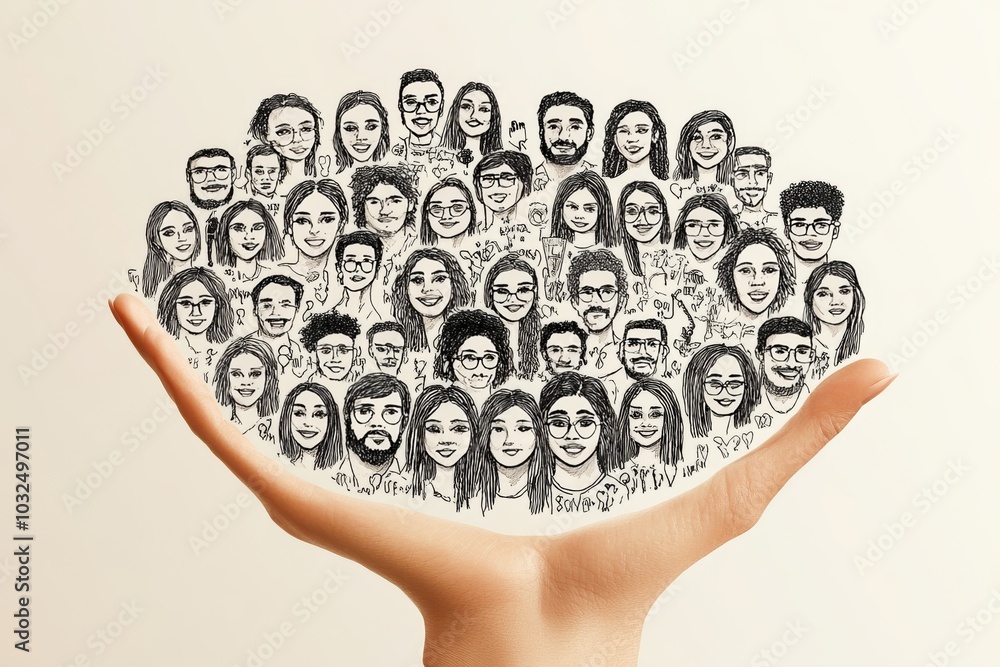 Aufkleber hand holding a group of pencil sketched faces arranged in a circular shape symbolizing identity conn