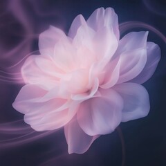 A delicate flower blooms in slow motion amid swirling pink mist against a midnight purple backdrop