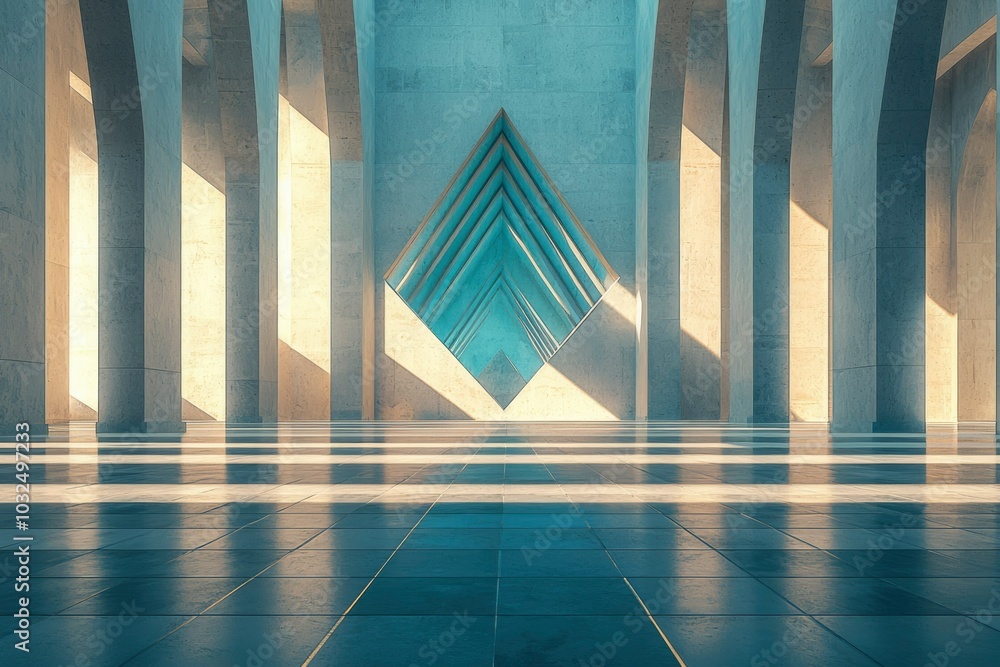 Poster a minimalist architectural space with columns and geometric patterns