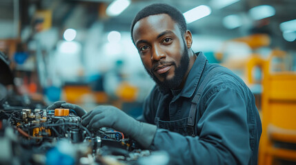 A mechanic in a workshop working on an engine, wearing a dark jumpsuit and focused on his task