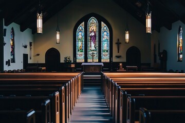 Church Interior with Stained Glass Windows and Wooden Pews