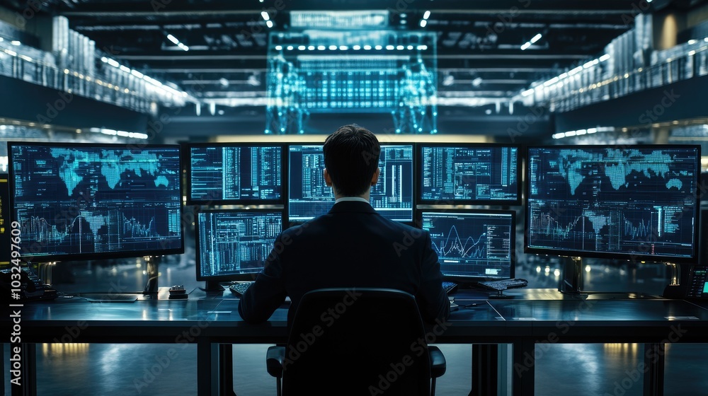 Poster a man working as an operator specialist in a computer data center, focused on multiple monitors disp