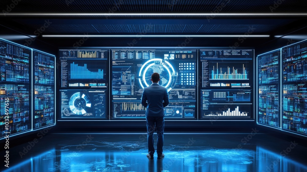 Poster a man working as an operator specialist in a computer data center, focused on multiple monitors disp